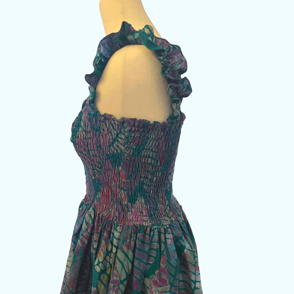 Sika Traci Smocked Maxi Dress 6 Leaf Print Tropical Resort Vacation Cotton Teal - Picture 5 of 16